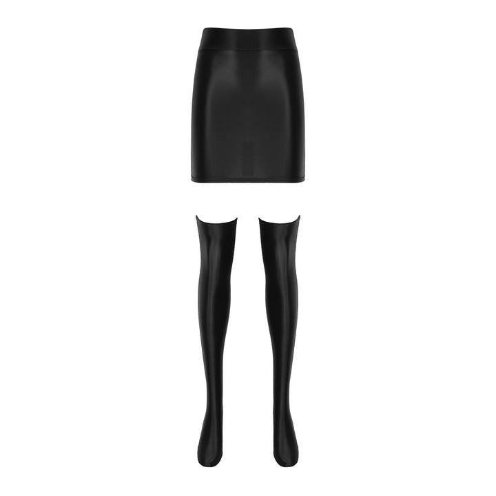 Womens Glossy Nightclub Outfit Shiny High Waist Mini Skirt with Stockings Set Rave Party Cheer Booty Workout Pole Dance Clubwear