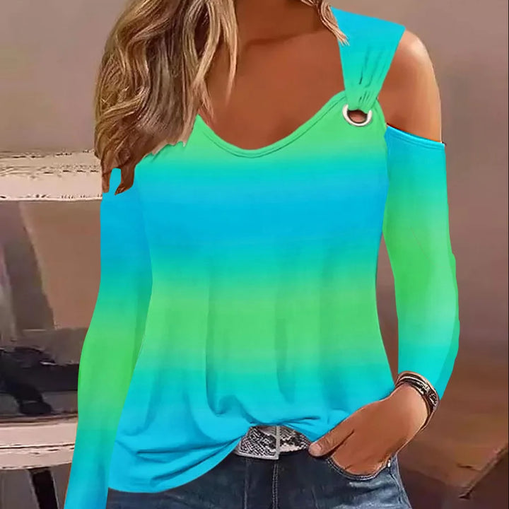 Fashion Woman Blouse 2023 Spring Denim Look Print Cold Shoulder Eyelet Casual Long Sleeve Daily T-Shirt Top Y2K Clothes