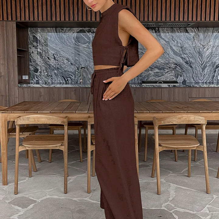 Spring Summer 2025 Women Holiday Linen Pant Set Crop Tops Solid Outfits 2 Two Piece Matching Set For Women