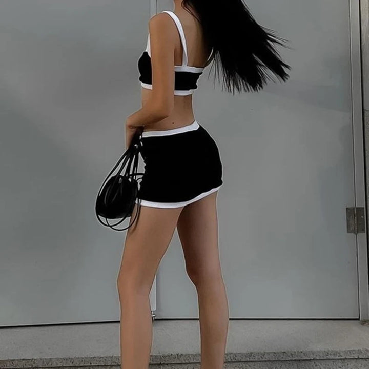 WhereMery Casual Sporting Women Outfit Simple High Streetwear Patchwork Slip Tank Top With Skinny Elastic Mini Skirt 2 Piece Set