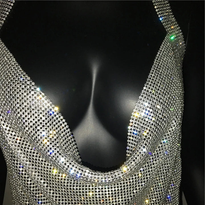 Bling Rhinestone Backless Dress Sexy Deep V Neck Sleeveless Side Split Halter Dress Nightclub Party Evening Dresses
