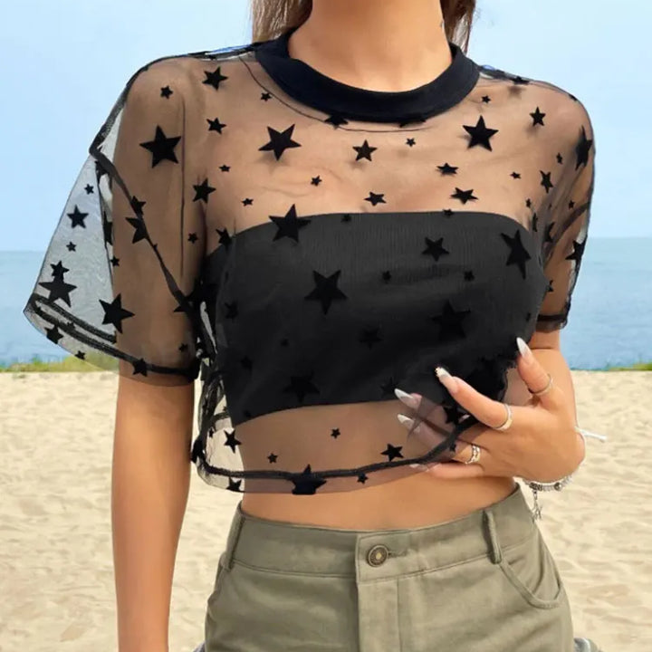 Summer Outfits Star Print Drop Shoulder Crop Mesh Top Without Camisole