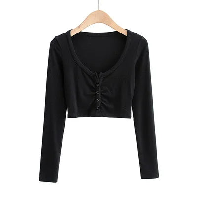 Slim V-neck Long Sleeve Bottomed Womens Tops And Blouses High Street Solid Color Open Navel Cardigan