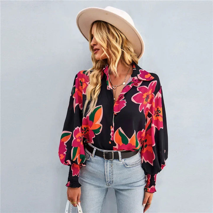 Fashionable Long Sleeve Printed Versatile Shirt For Women Autumn European And American Style Commuting Top With Button