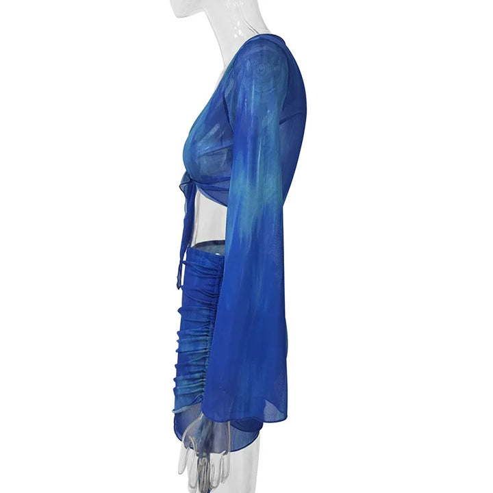 Fashion V-Neck Flare Sleeve Tie Dye Tops Mini Skirt Suit Women Mesh Tees Lace Up Skirts New Summer Female 2 Piece Set Outfits