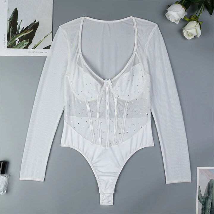 Women One-Piece Bodysuit Sexy Shiny Sequins Long Sleeve Bottoming Undershirts Deep V-Neck Mesh Jumpsuits Y2k Tops Mujer Clubwear