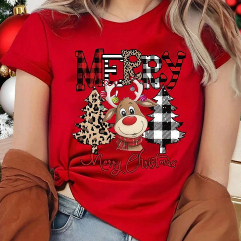 Cute Reindeer Leopard Print Women Christmas T Shirt Casual Cartoon Christmas Tree Graphic Short Sleeve Female T-Shirt