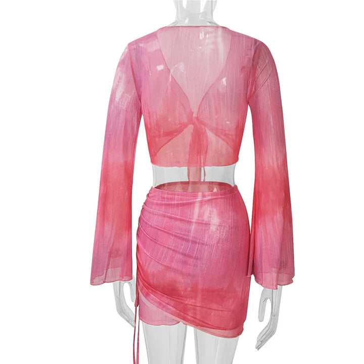 Fashion V-Neck Flare Sleeve Tie Dye Tops Mini Skirt Suit Women Mesh Tees Lace Up Skirts New Summer Female 2 Piece Set Outfits
