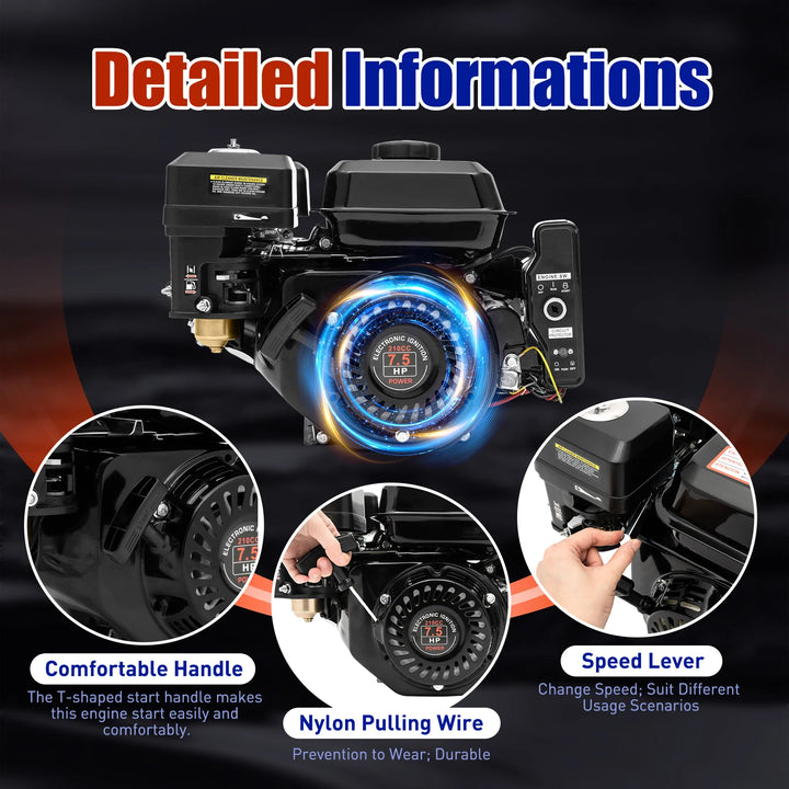 212CC 4-Stroke 7.5 HP Electric Start Horizontal Black Gasoline Engine Air Cooling Low Noise Stable Running With Large Fuel Tank