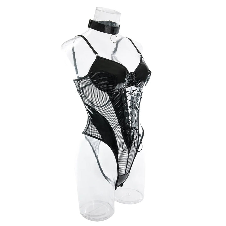 Koltailace  Latex Bodysuit Sexy Lace Up Hollow Tops Black Patchwork Fetish PU Body Sissy Leather Crotchless Tight