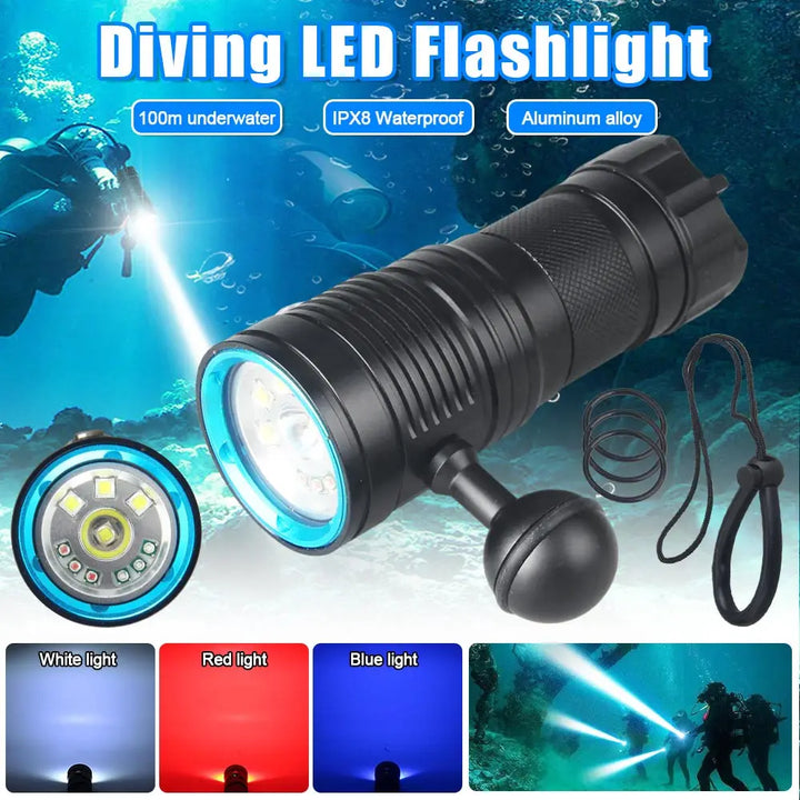 80W Professional Underwater 100M 10LED Diving Photography Fill Light Waterproof IPX8 White+Red+Blue Scuba Diver Snorkeling Torch