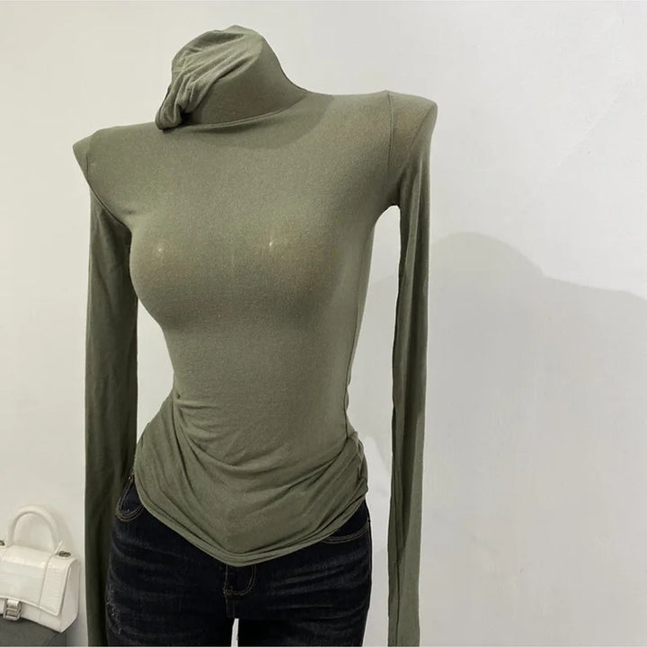 Thin Soft American Long Sleeve T-shirt High Stacked Neck Tight Perspective Bottom Shirt Women's Slim Fit Tops Sexy Streetwear