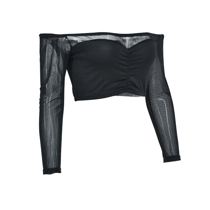 Sexy Black T-shirt Women Autumn New Streetwear Long Sleeves Slash Neck Simple Tees Casual Fashion Mesh Patchwork Basic Crop Top