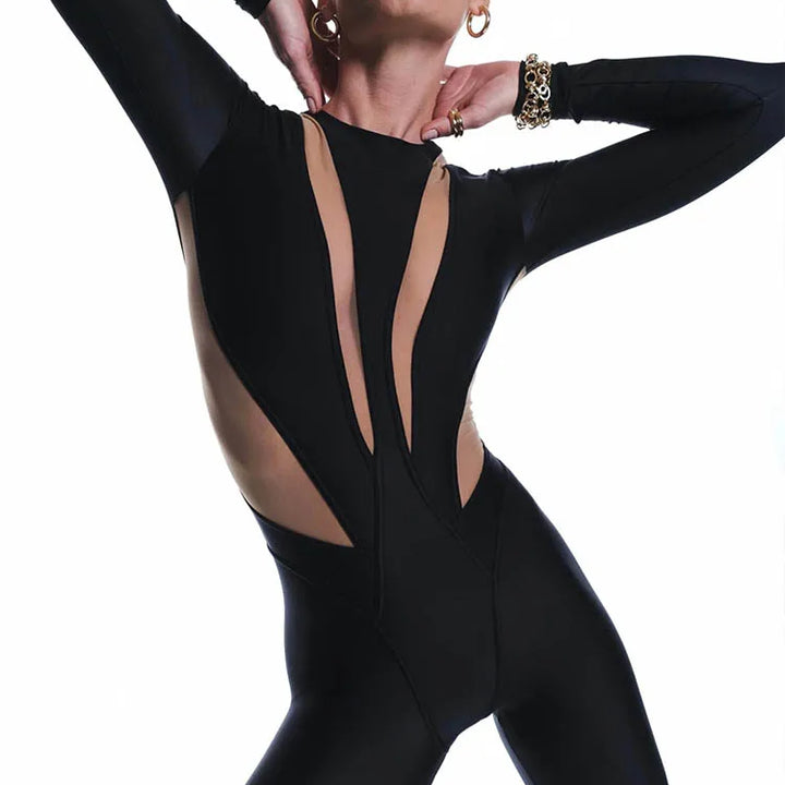 Huhugirl Sexy Mesh Patchwork Rompers Women Jumpsuits Fashion O Neck Long Sleeve Skinny Black Jumpsuits Female One Piece Overalls