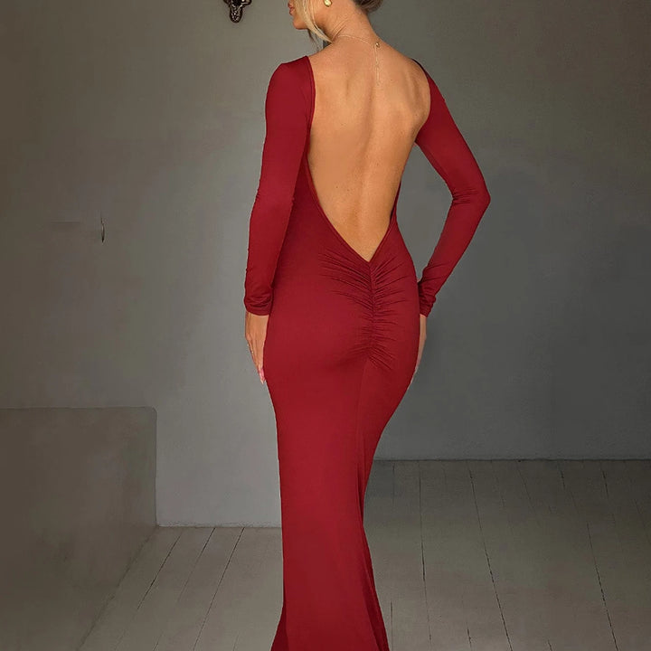 Hugcitar Spring Elegant Long Sleeve Backless Solid Cuched Sexy Bodycon Maxi Prom Dress Women Outfit Evening Party Festival Y2K