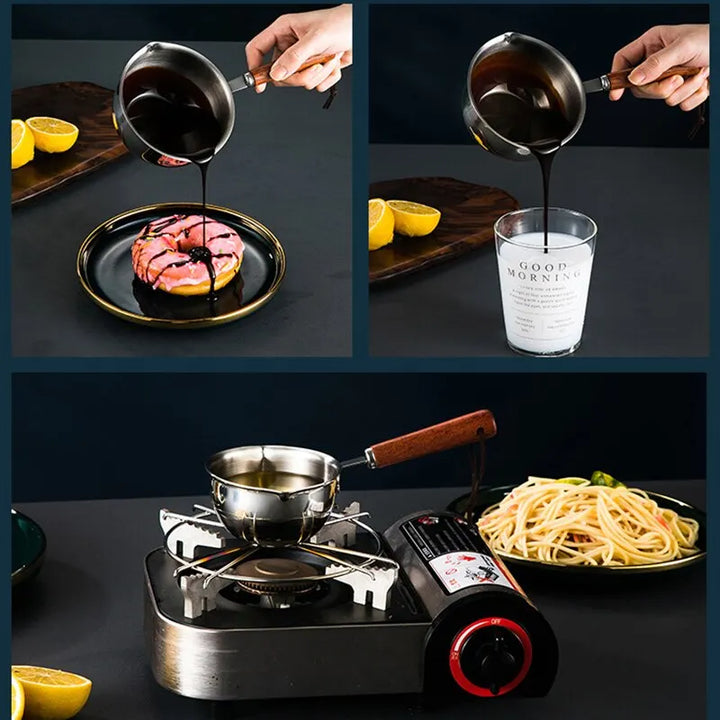 Stainless Steel Oil Pot with Wooden Handle 120ml/200ml Spilled Mini Soup Milk Pot Scalding-proof Kitchen Tool Cook Accessories