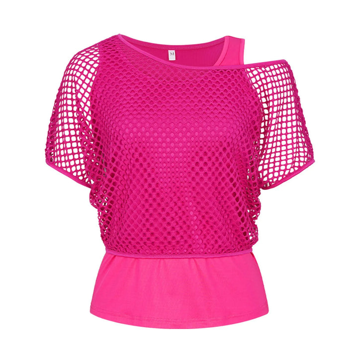 Women Shirts 80s Neon Fishnet Mesh Top Off Shoulder Tops For Women Tight Sexy Sleeveless Neckless Slim Casaul Top
