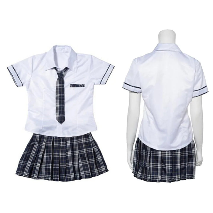 Womens School Girls Uniform Cosplay Costume Short Sleeve Shirt with Plaid Mini Skirt and Tie Set for Roleplay Party