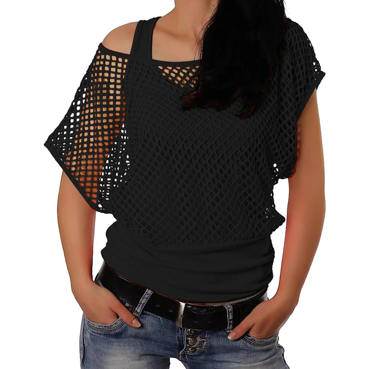 Women Shirts 80s Neon Fishnet Mesh Top Off Shoulder Tops For Women Tight Sexy Sleeveless Neckless Slim Casaul Top