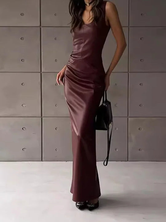Vintage Elegant Dress Women Summer Leather Classic Sleeveless Slits Basic Simple Trend Stretch Party Long Bodycon