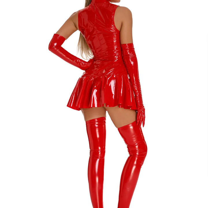 Women's Leather Dress Plus Size Women Sexy Shiny PVC Latex Mini Skirt With Gloves And Stocking Pole Dance Pleated Latex Dress