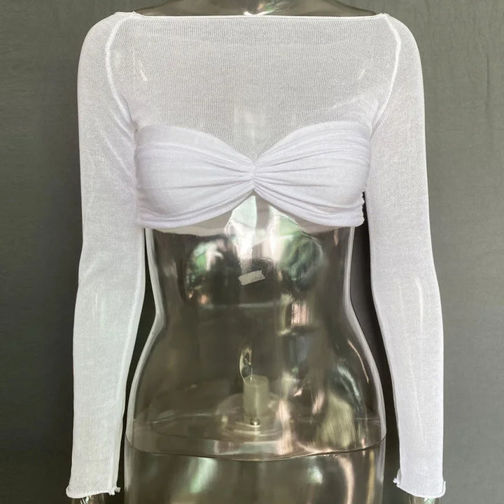 Mozision See Through Mesh Crop Top Women Pullovers Strapless Short Knit Cropped Tops Ladies Tee Shirt Sexy Off-shoulder T-shirt