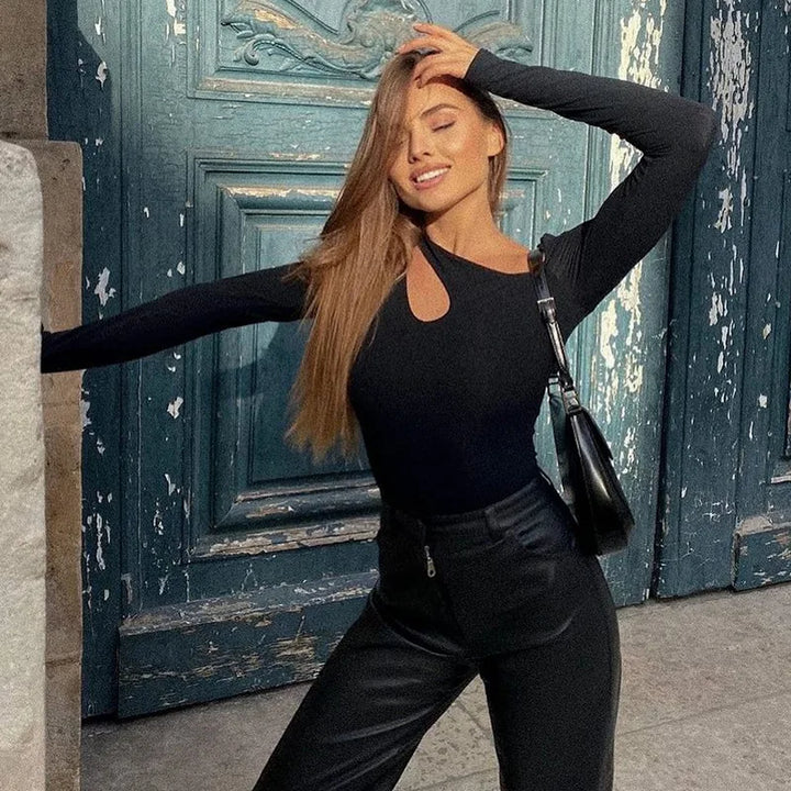 Y2k Casual Basic Bodysuit Women Long Sleeve Sexy Hollowing Irregularity Body Korean Top Cotton Bodycon Jumpsuit Romper Ladies