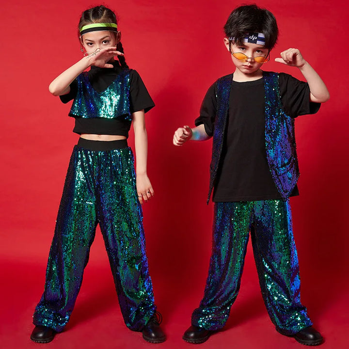 Girl Sequin Crop Tank Top Hip Hop Boys Green Vest Jacket Kids Jazz Shiny Pants Clothes Sets Child Street Dance Stage Costumes