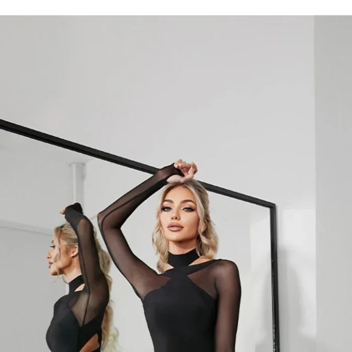 Women Latin Dance Body Top Black Mesh Conjoined Backless Cross Belt Pair It with Dance Dress Lingerie Training Performance