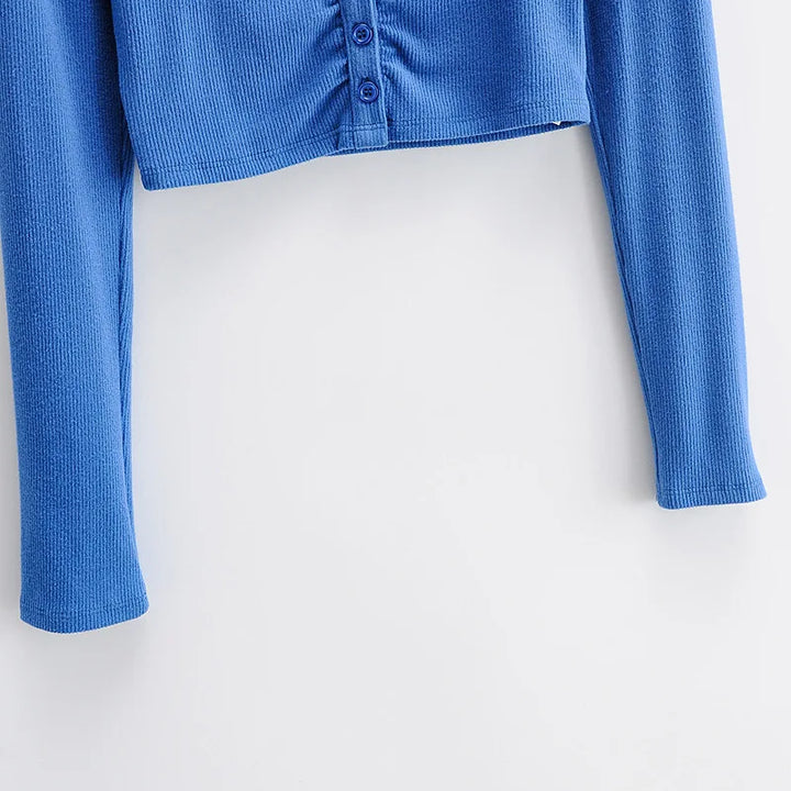 Slim V-neck Long Sleeve Bottomed Womens Tops And Blouses High Street Solid Color Open Navel Cardigan