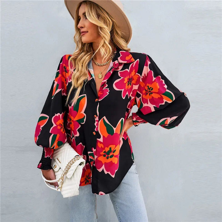 Fashionable Long Sleeve Printed Versatile Shirt For Women Autumn European And American Style Commuting Top With Button