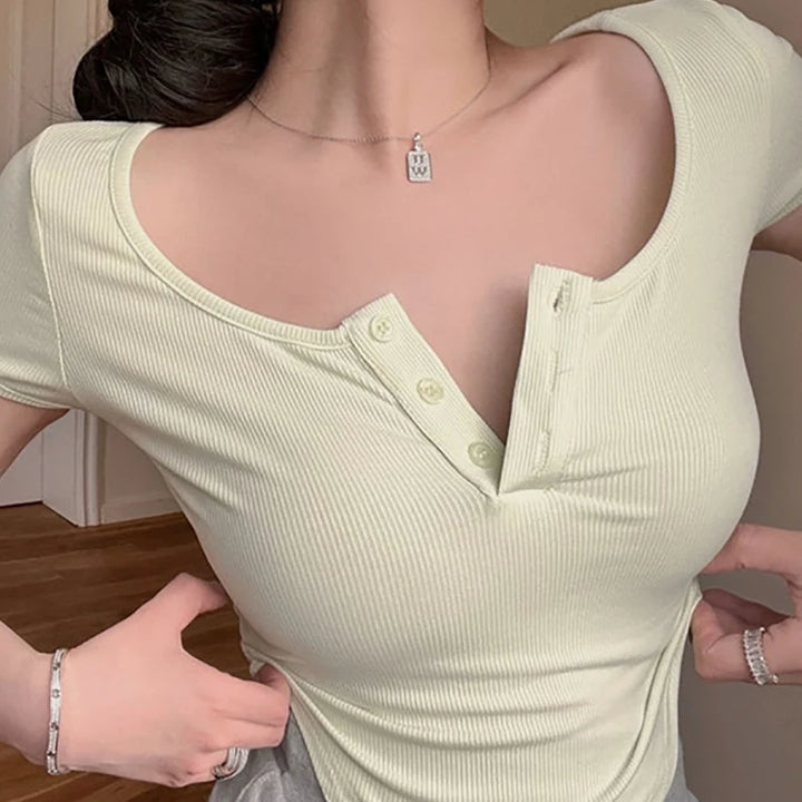 2025 Solid Crew Neck T-shirt Casual Short Sleeve Crop Top For Spring &Summer Women's clothing