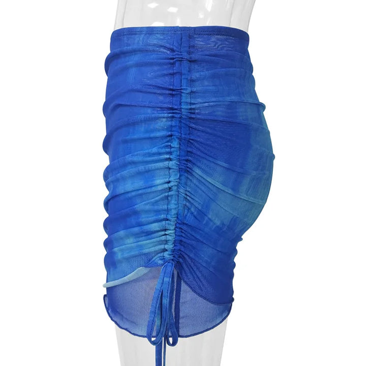 Fashion V-Neck Flare Sleeve Tie Dye Tops Mini Skirt Suit Women Mesh Tees Lace Up Skirts New Summer Female 2 Piece Set Outfits