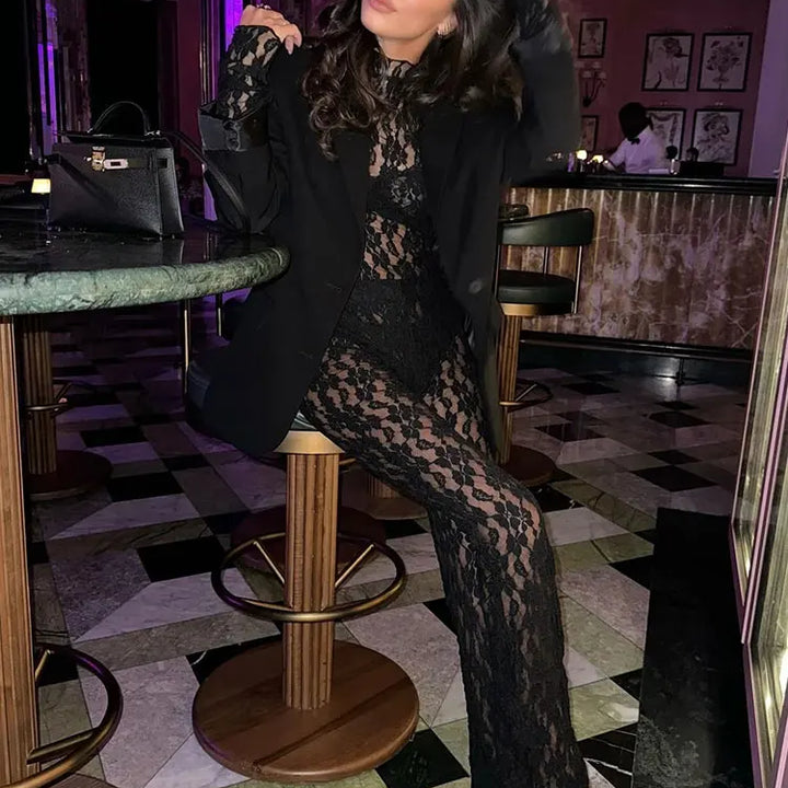TRAFZA Womens Lace Pants Sets Slim Jumpsuits Top + High Waist Trousers Sexy Lady Floral Lace Translucent Y2k Bodysuit Suits