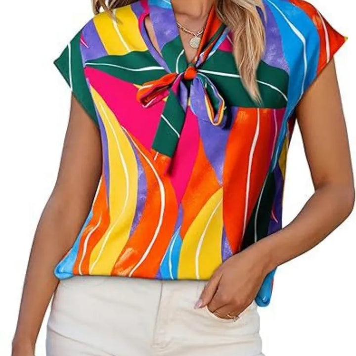 Women Summer Style Blouses Shirts Lady Casual Short Sleeve Bow Tie Collar Printed Blouse Tops