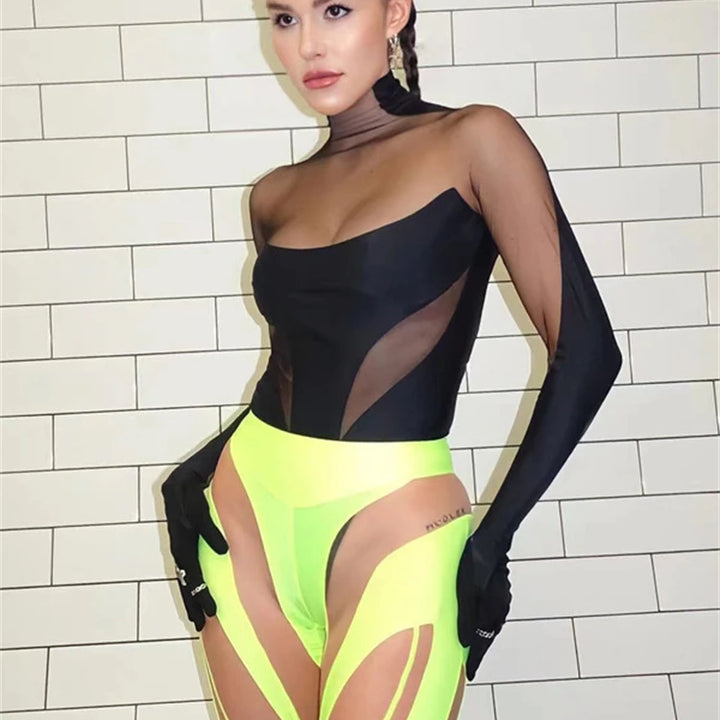 kliou Summer Women Above Knee Sexy&Club Mesh Patchwork Bodysuit K22K25045 Girl See Through All-match Tops One Piece Attirewear