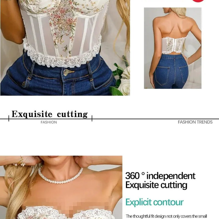 Women's White Sexy Lace Mesh Fish Bone Chest Flower Embroidered Bra Women's Strapless Lace Top Wrapped Chest