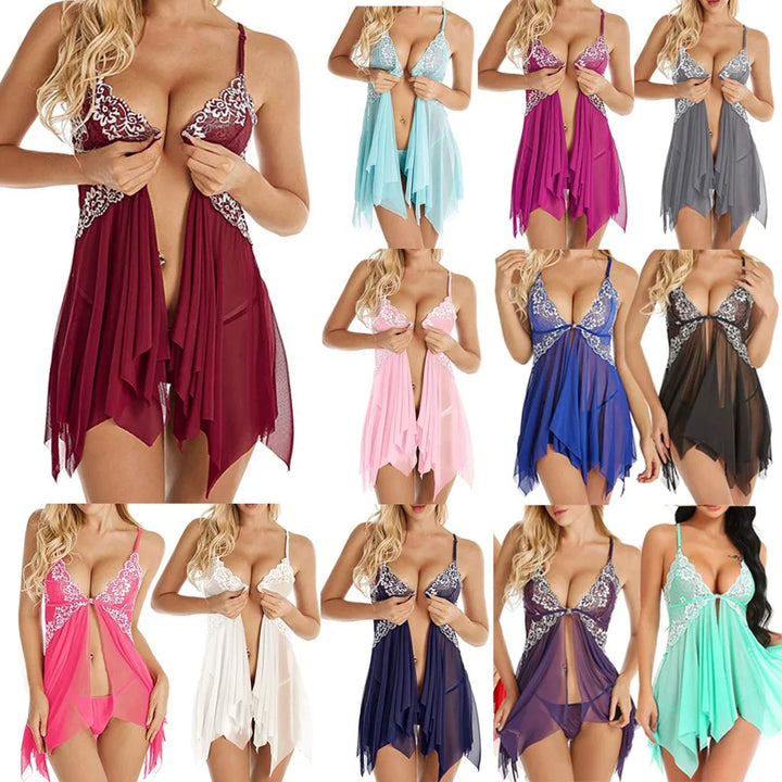 Front Closure Sexy Nightdress Women Sexy Lingerie Underwear Erotic Dress See-through Lace Pajamas Sleepwear Nightdress + Thong