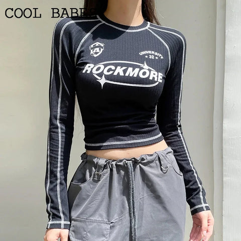 Black Sexy Women's Tees Autumn Fashion New Streetwear Bodycon Casual Basic T-shirt Female Long Sleeves Print O-Neck Y2K Crop Top