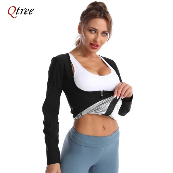 Qtree Sauna Suit Shirt for Women Weight Loss Sweat Jacket Long Sleeve Slimming Body Shaper Fitness Zipper Workout Waist Trainer