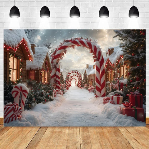 Winter Christmas Photography Backdrop Wonderland Candy Cane Arch Xmas Town Snow Tree Family Portrait Decor Photo Background Prop