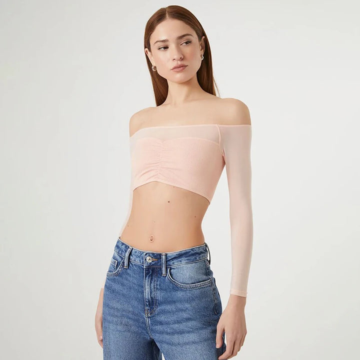 Sexy Black T-shirt Women Autumn New Streetwear Long Sleeves Slash Neck Simple Tees Casual Fashion Mesh Patchwork Basic Crop Top