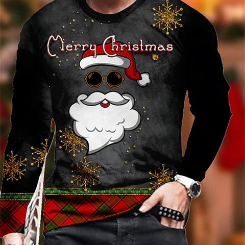 New Christmas Man's Round Neck Long Sleeves T-shirt Funny 3D Print Santa Claus Fashion Unisex Top Sweatshirt Tee Men's Clothing