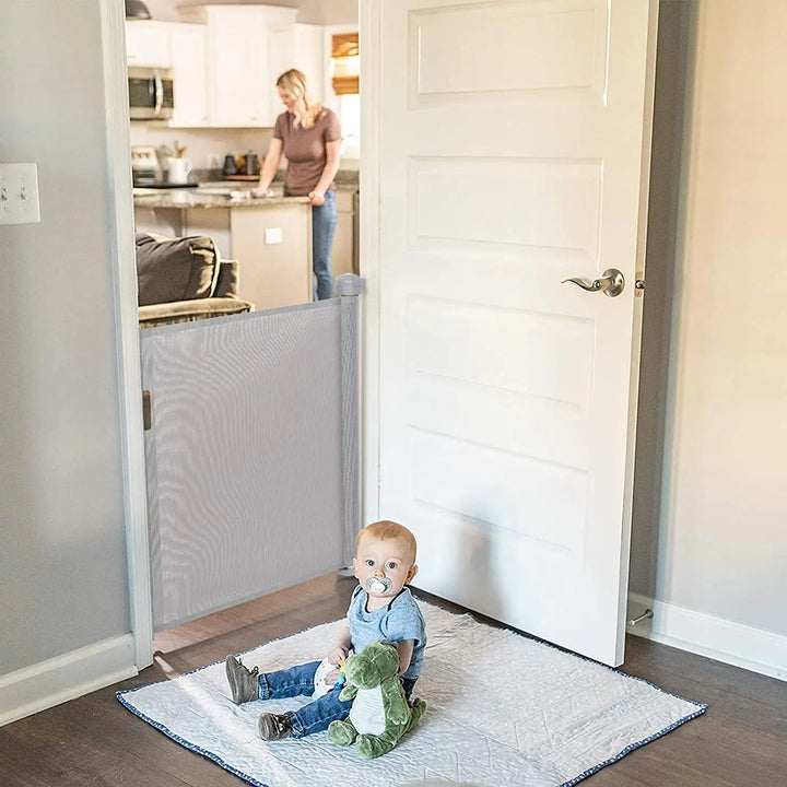 Retractable Pet Dog Mesh Fence Baby Safety Gate 34 inch Tall Extends to 61 inch Wide Indoor Outdoor Baby Gate Safety Barrier