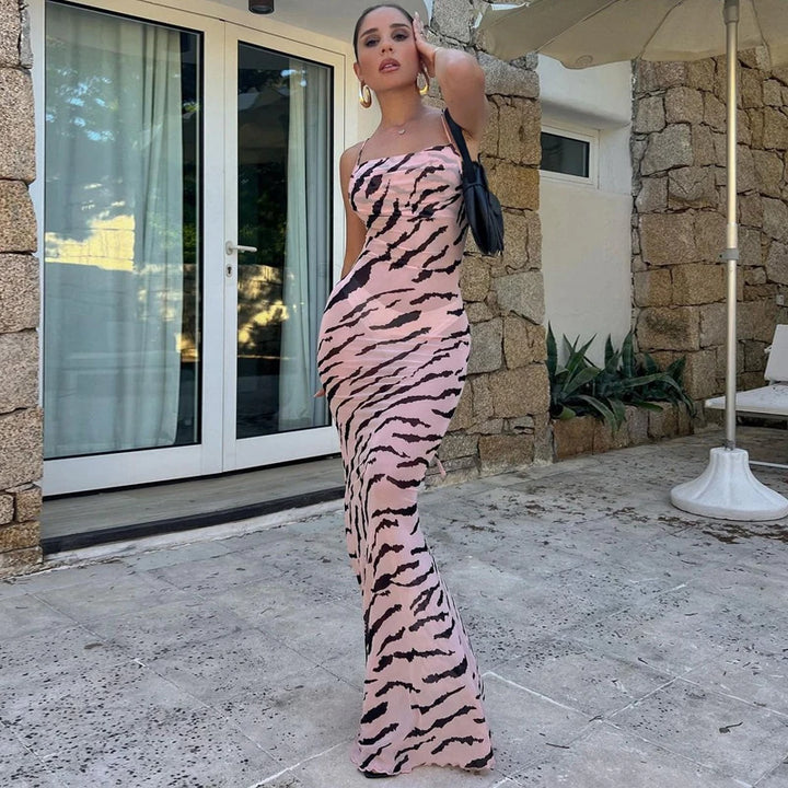 DGLUKE Zebra Long Beach Dress Cover-Up Sexy Transparent Mesh Maxi Dress Cut Out Bodycon Summer Holiday Vacation Dress Women 2024