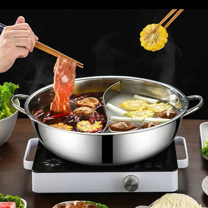 30cm Twin Divided Hot Pot Stainless Steel Hotpot Kitchen Cooker Gas Stove Compatible Pots Home Kitchen Cookware Soup Cooking