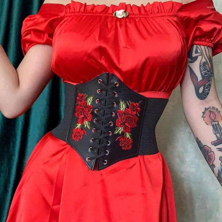 UYEE Punk Bembroidery Pendant Corset For Women Wide Belts Gothic PU Leather Cummerbund y2k Girl Slimming Waistband Female