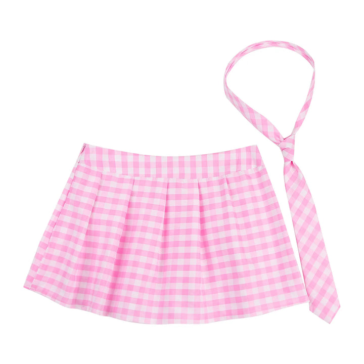 High Waist Plaid Pleated Skirt With Necktie Sexy Club Outfits for Women Summer Party Harajuku E Girl Preppy A-line Mini Skirts