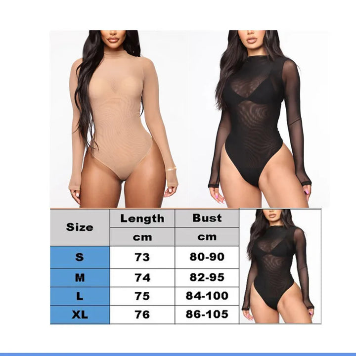 Bodysuits High Neck Bodycon Jumpsuit See Through Romper Black Beige NEW Sexy Mesh See Through Bodysuit Women Long Sleeve Sheer