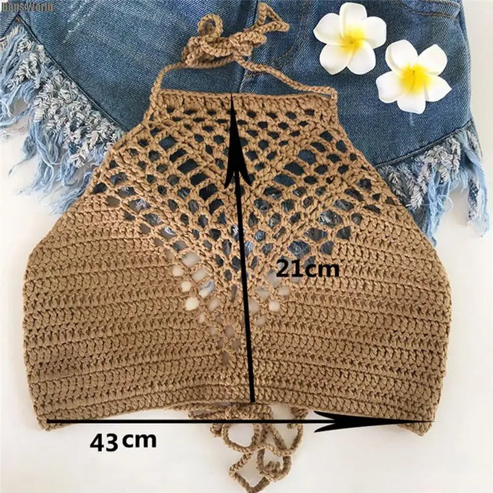 1X Women Summer Short Vest Sexy Hollow Out Plain White Halter Vest Strap Crop Tops Crochet Bikini Tank Tops Shirt
